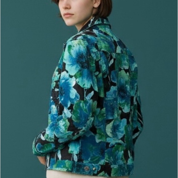 French Laundry Teal Floral Jean Jacket - Picture 3 of 12